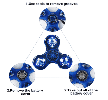 Blue LED fidget spinner with three glowing circular bulbs on each arm