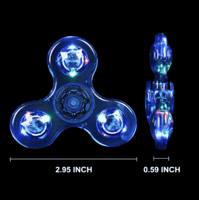 Blue LED fidget spinner front and side view, with bright circular LED bulbs