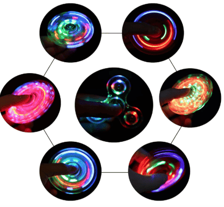 LED fidget spinner with multicolor light trails shown in circular detail views