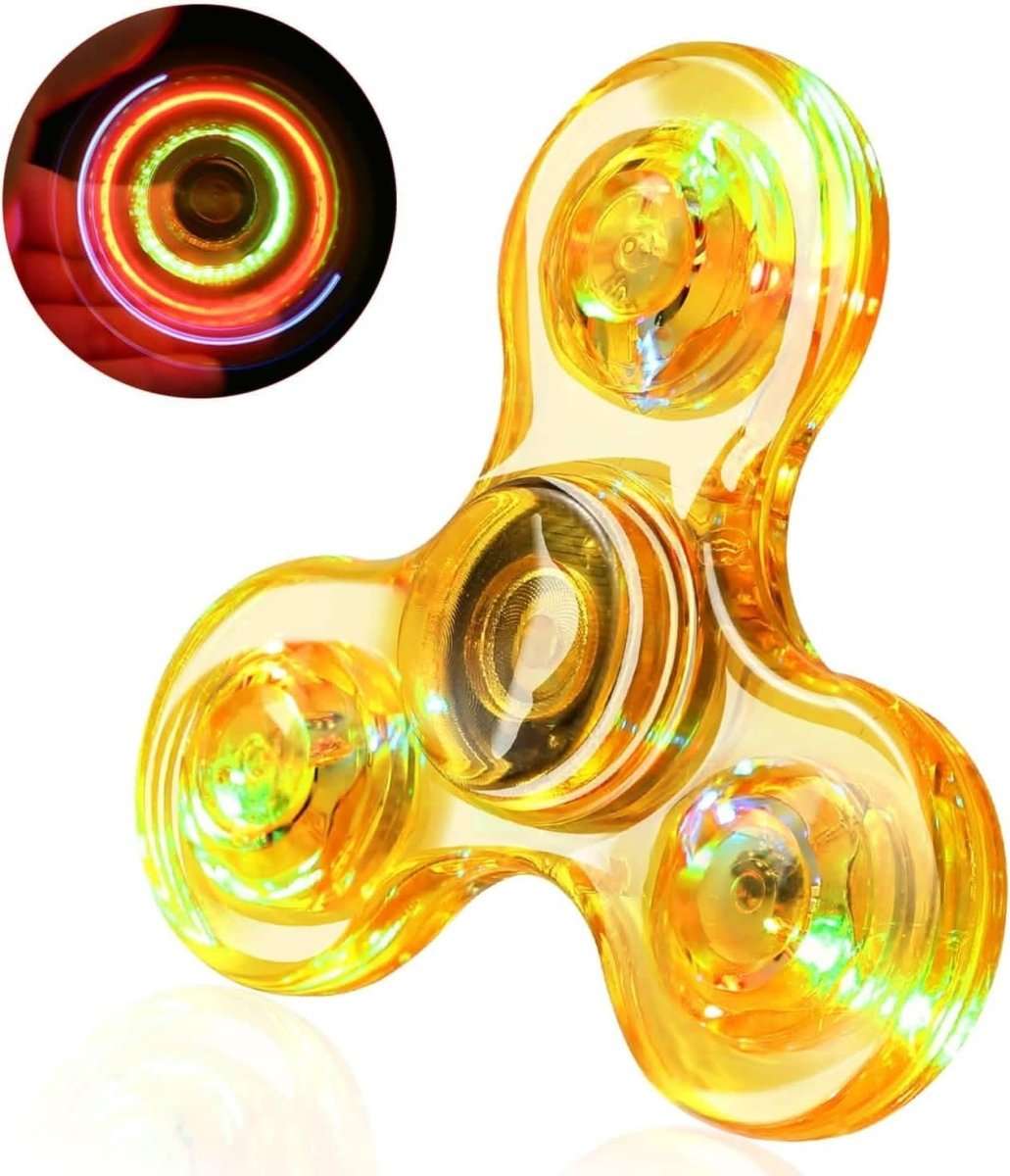 Yellow translucent LED fidget spinner with glowing circular LED bulbs