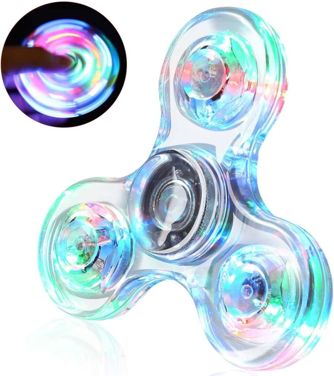 Light blue translucent LED fidget spinner with glowing circular LED bulbs