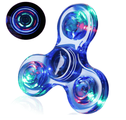 LED fidget spinner, blue translucent, glowing lights on three arms