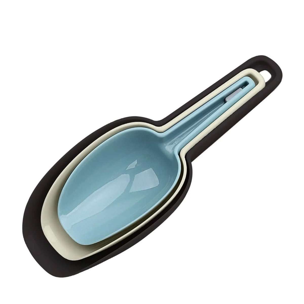 Blue plastic food scoop with long handle, black border, and beige inner bowl.