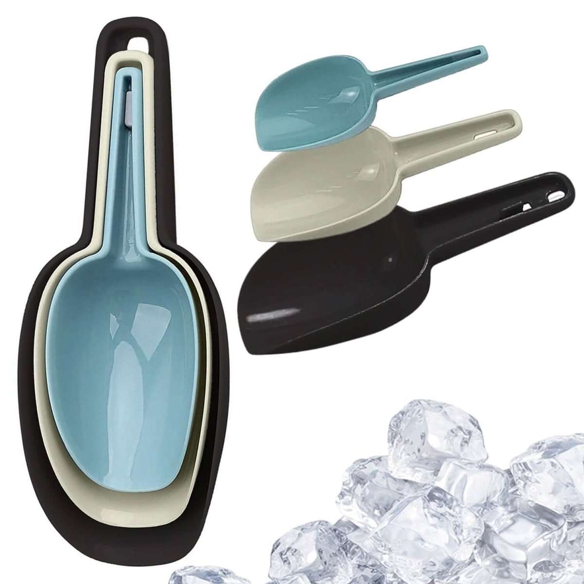 3-pack plastic kitchen food scoops in blue, beige and black with long handles.