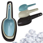 3-pack plastic kitchen food scoops in blue, beige and black with long handles.