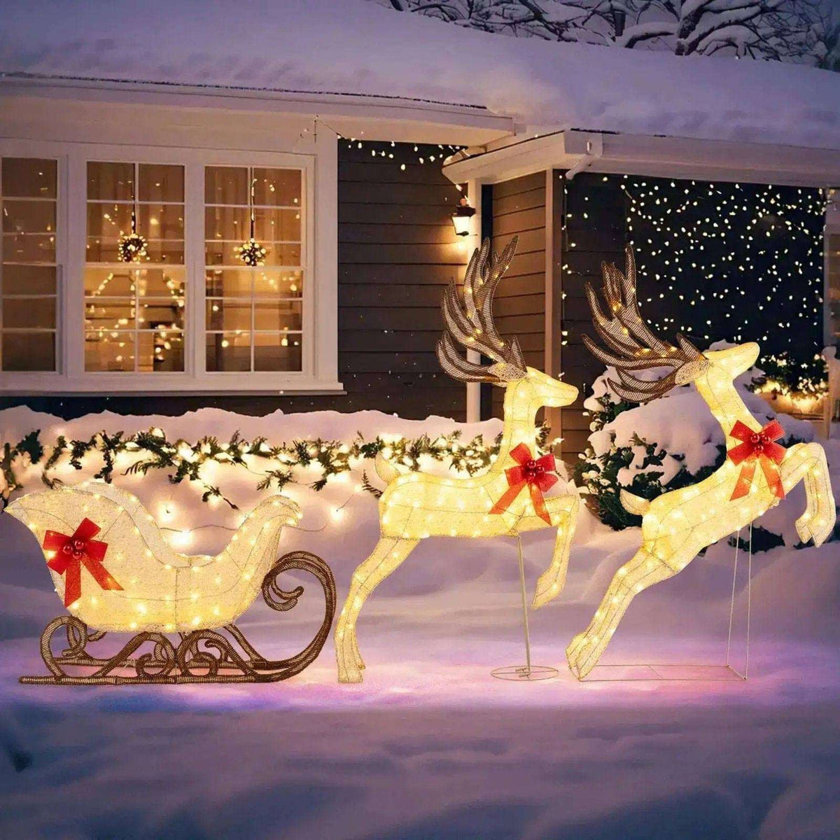 3-Piece Christmas Lighted Reindeer and Sleigh Set for Lawn & Garden Cartsfy Inc.