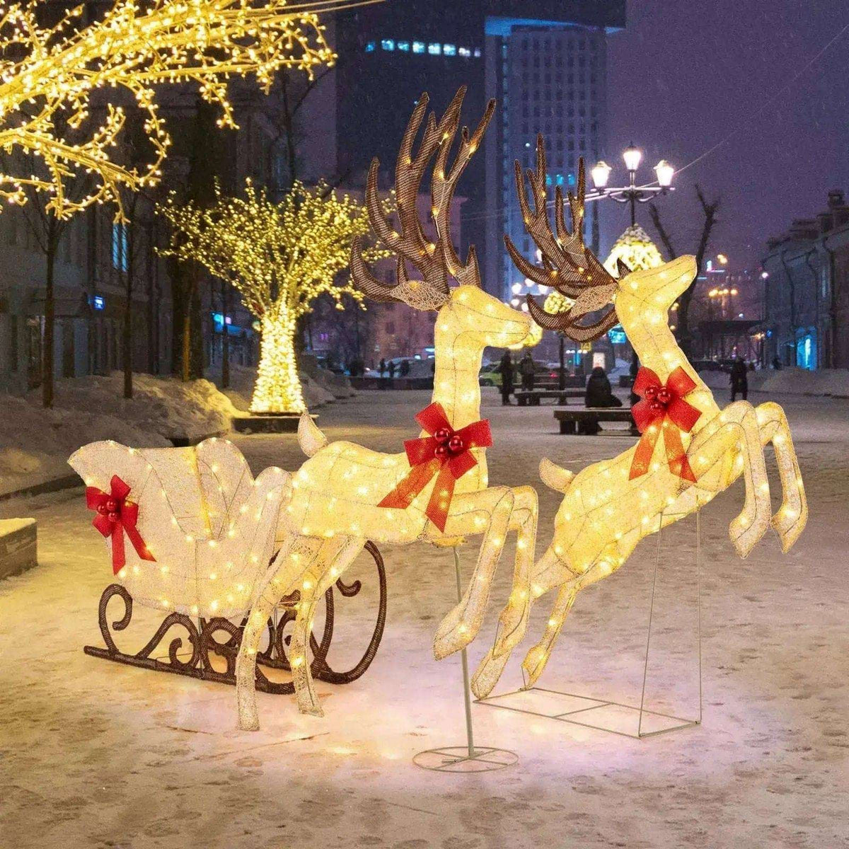 3-Piece Christmas Lighted Reindeer and Sleigh Set for Lawn & Garden Cartsfy Inc.