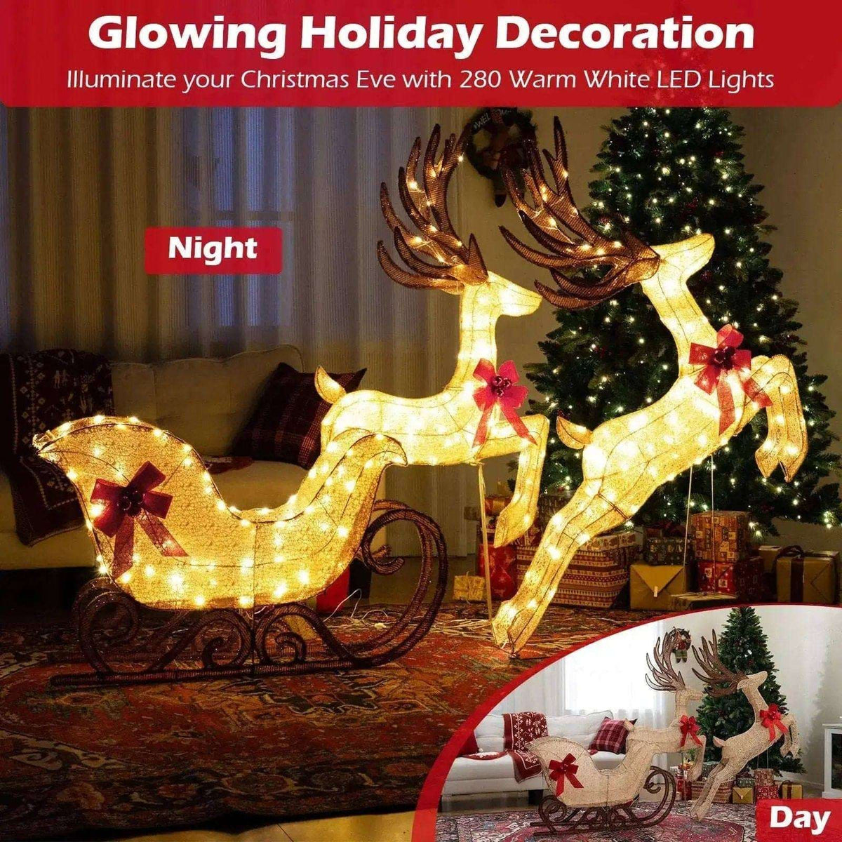 3-Piece Christmas Lighted Reindeer and Sleigh Set for Lawn & Garden Cartsfy Inc.