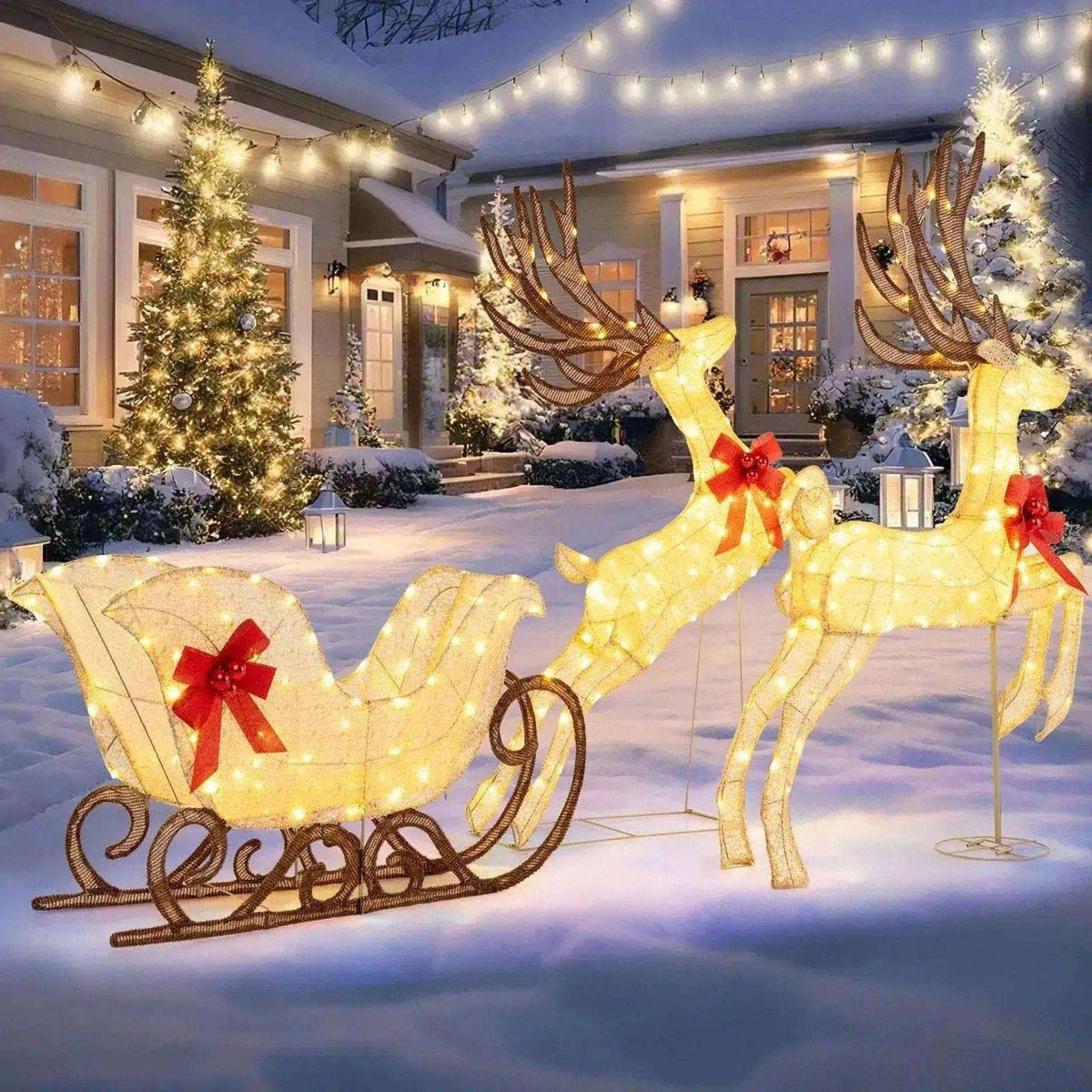 3-Piece Christmas Lighted Reindeer and Sleigh Set for festive outdoor decor.