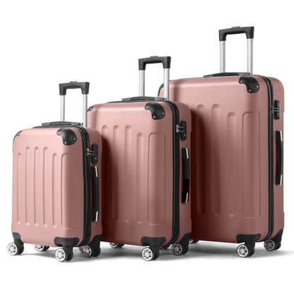 3-piece hard shell luggage set in rose with black trim and spinner wheels
