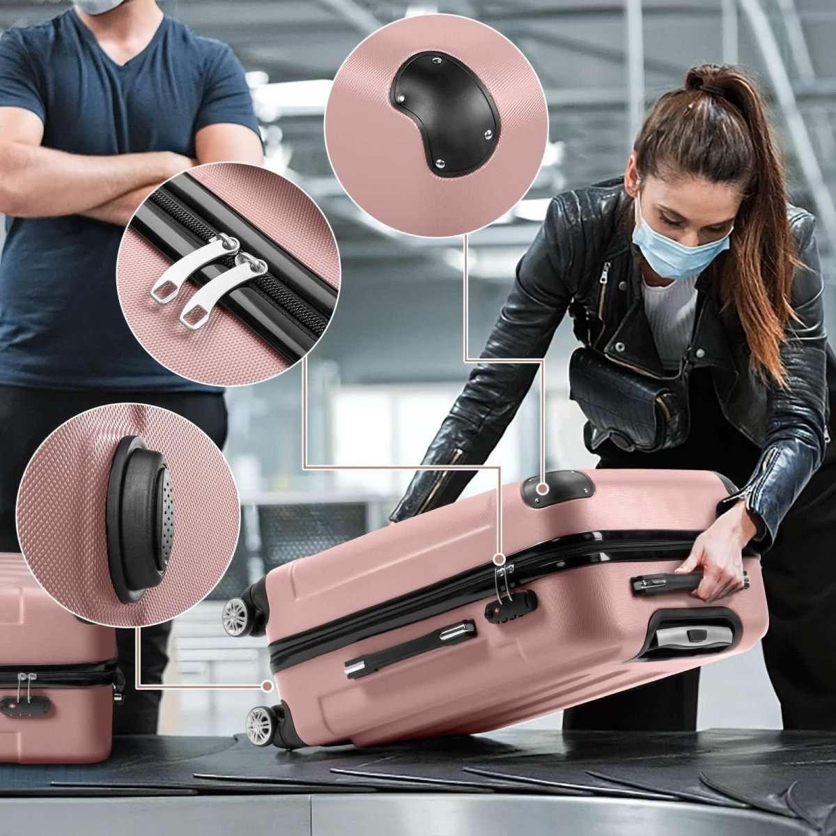 Rose hard shell suitcase with corner lock detail and spinner wheels