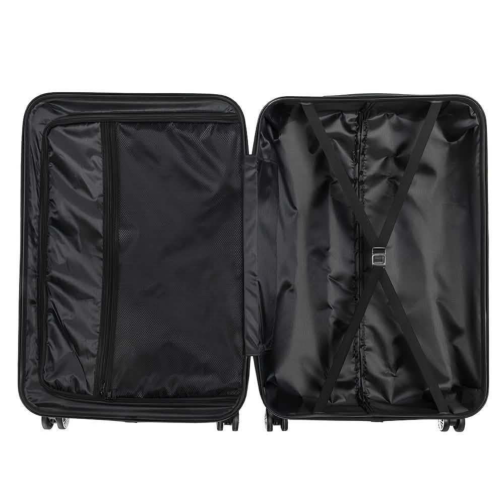 Black hard shell luggage with fabric interior panels and cross-strap
