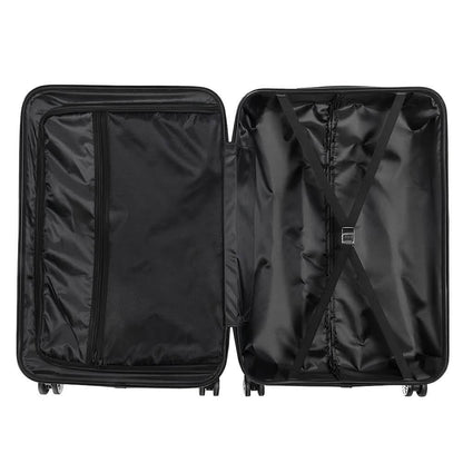Black hard shell luggage with fabric interior panels and cross-strap
