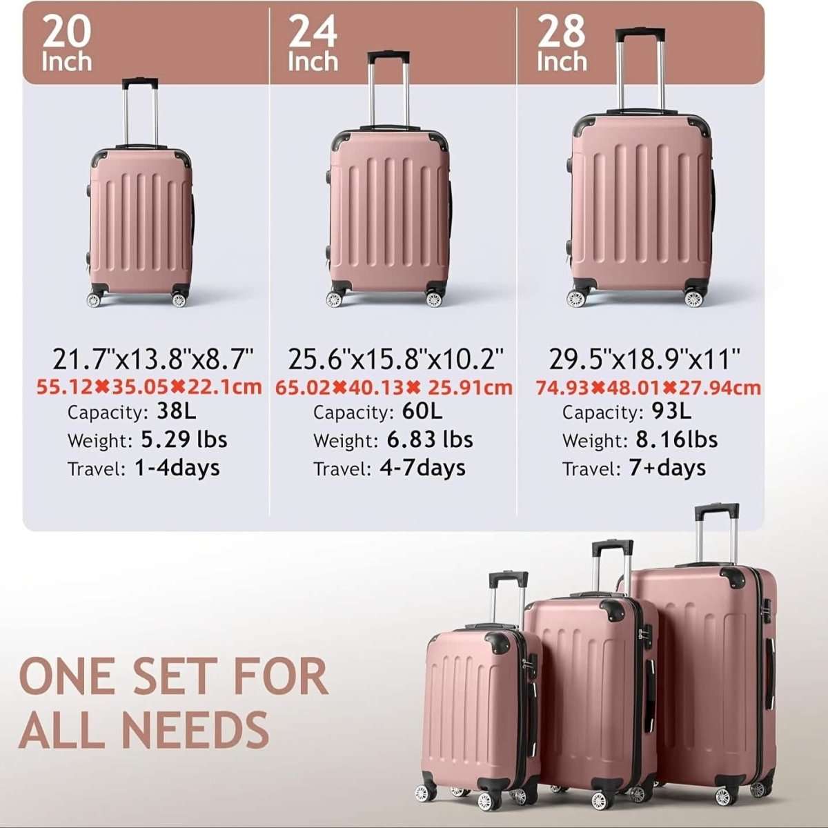 Rose hard-shell luggage set with TSA lock, 3-piece spinner suitcases