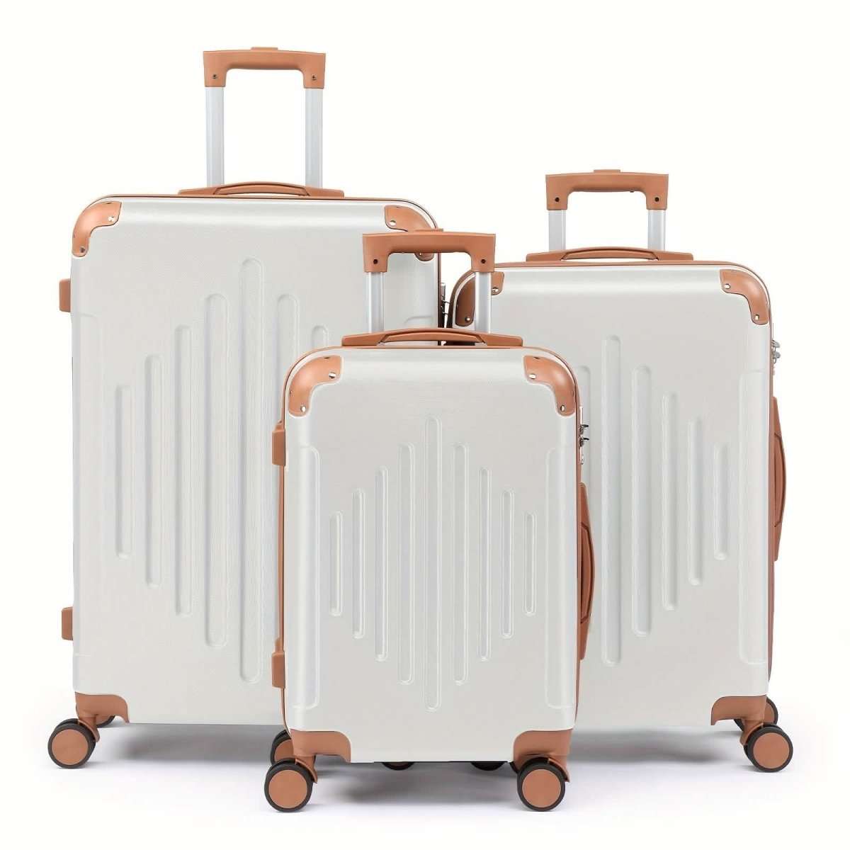 3-piece hard shell luggage set in white with copper trim and spinner wheels