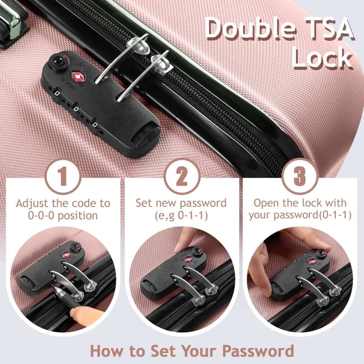 TSA double lock detail on hard shell luggage zipper track