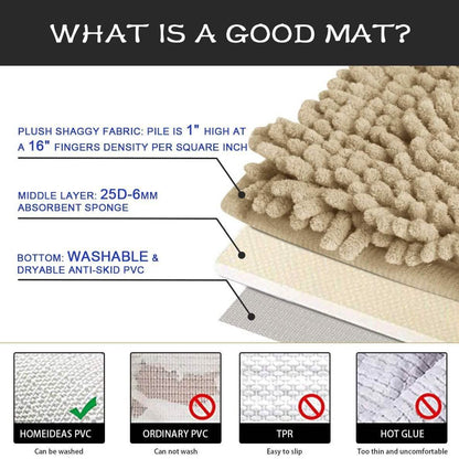 Beige chenille bath rug with dense shaggy loop pile texture, close-up