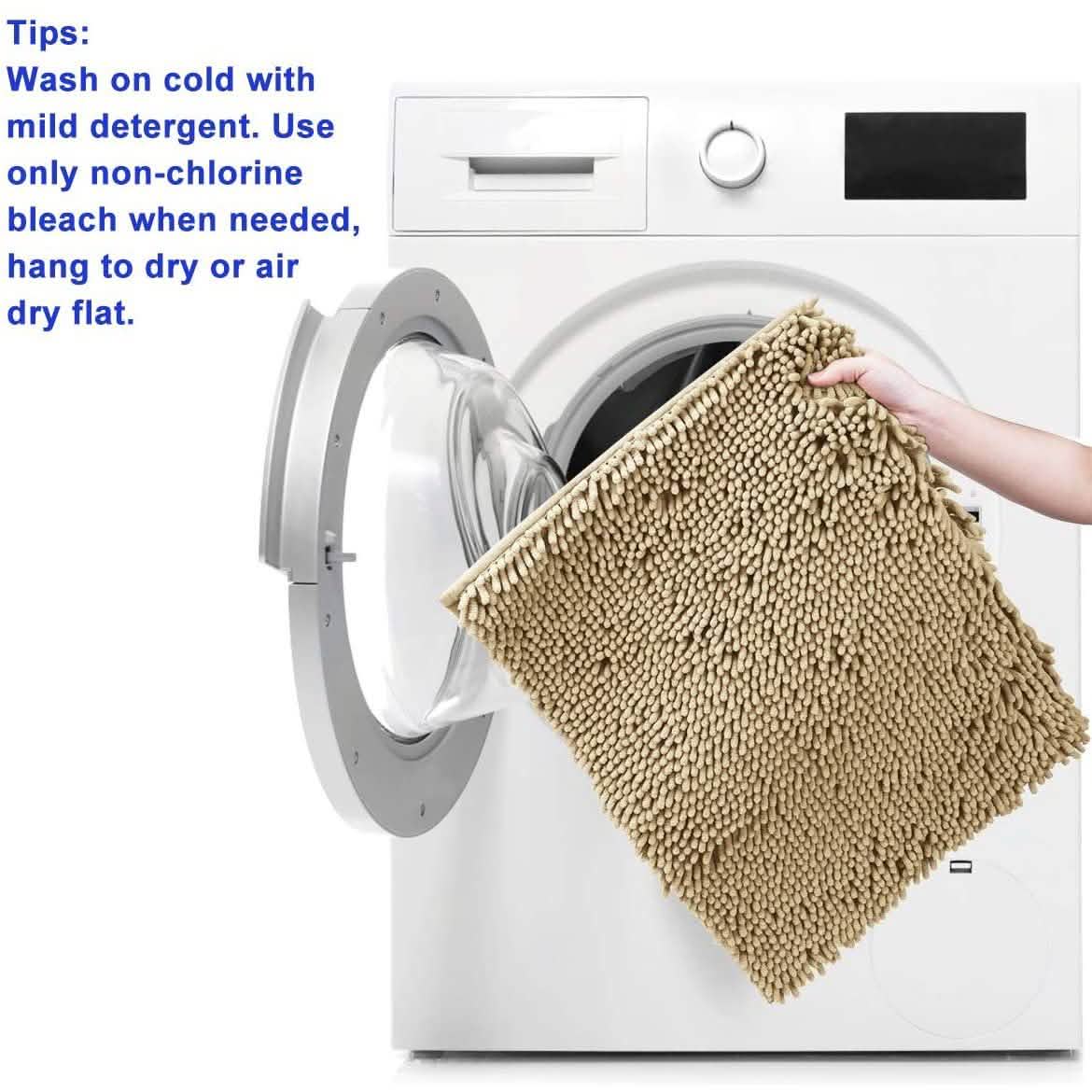 Beige chenille bath rug being rinsed in a washing machine, shaggy loop pile