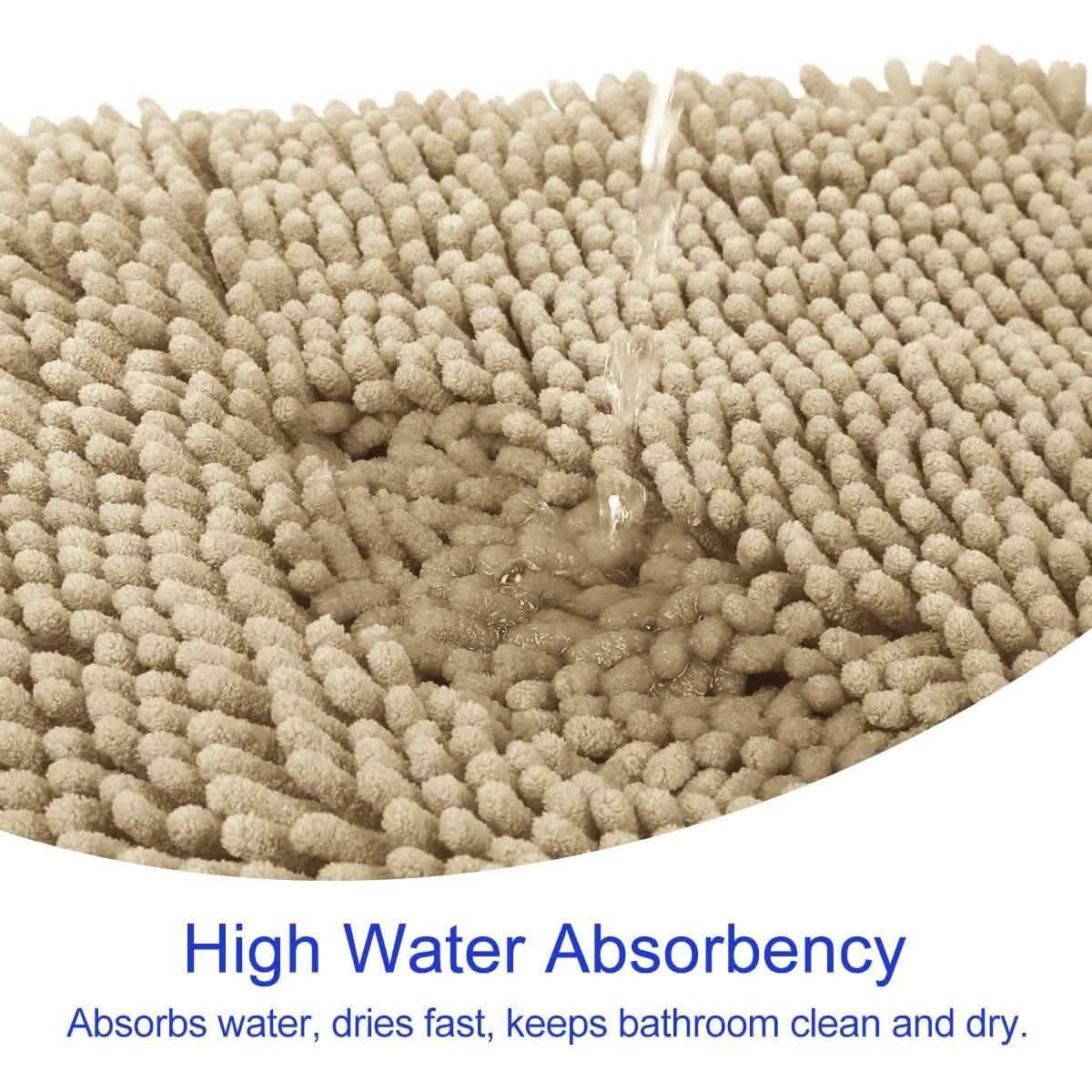 Beige chenille bathroom rug close-up, dense loop pile with curved edge