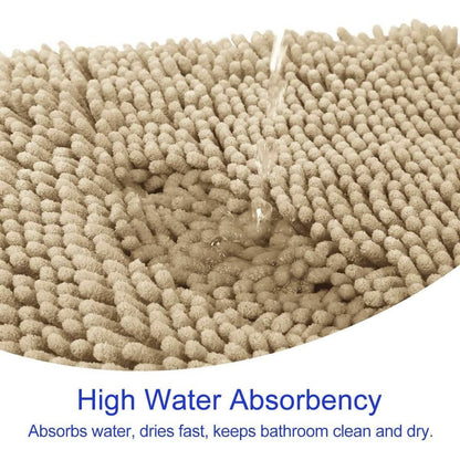 Beige chenille bathroom rug close-up, dense loop pile with curved edge