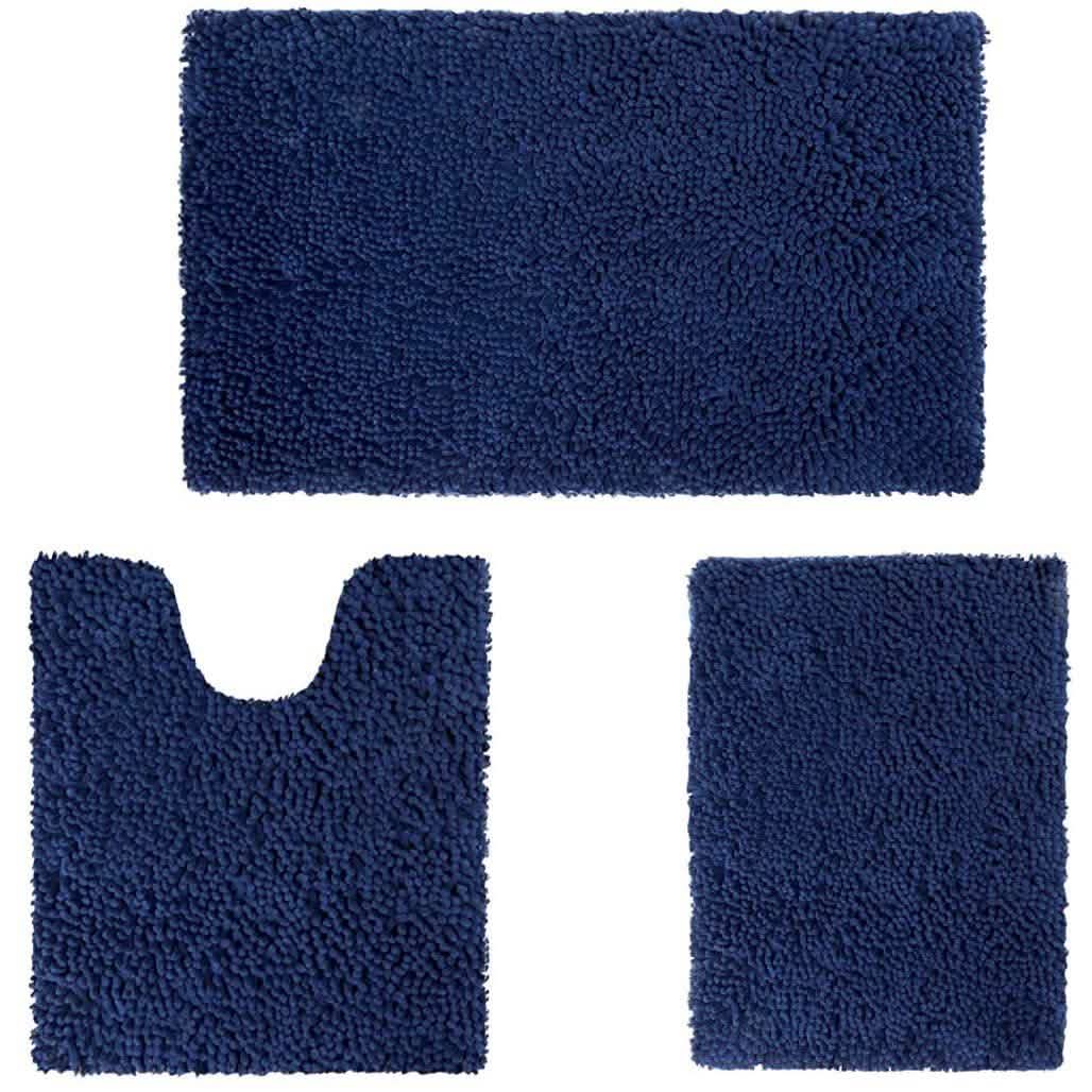 Navy 3-piece chenille bathroom rug set: rectangular bath mat and U-cut toilet mat