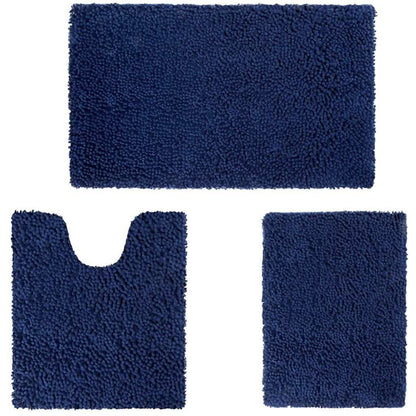 Navy 3-piece chenille bathroom rug set: rectangular bath mat and U-cut toilet mat