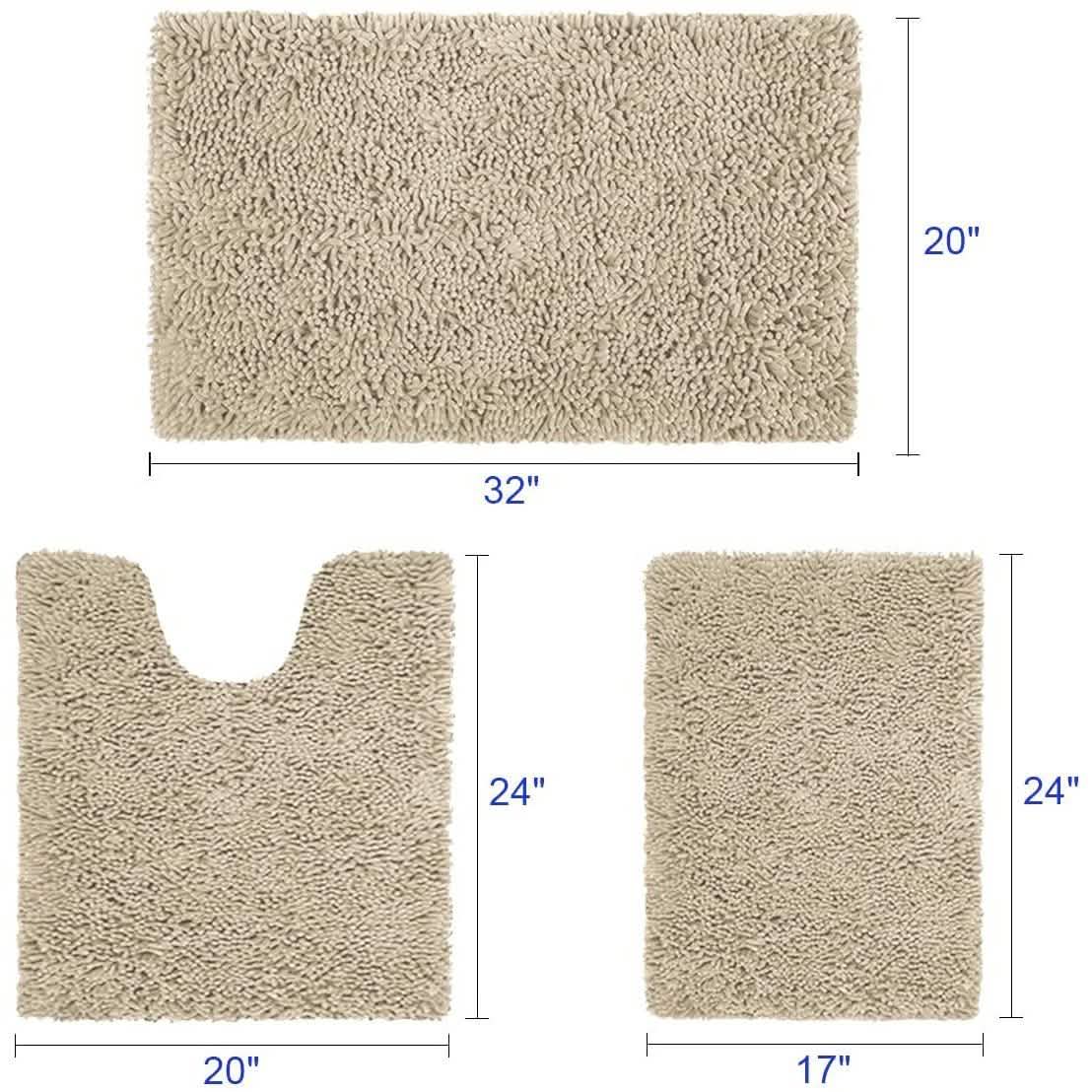 Beige chenille bathroom rug set with three-piece sizes shown on mat layout