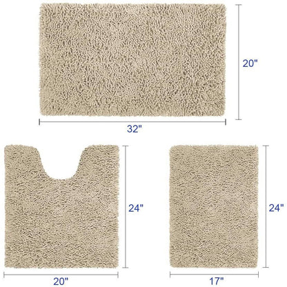 Beige chenille bathroom rug set with three-piece sizes shown on mat layout