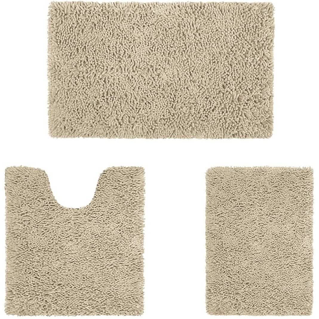 Beige 3-piece chenille bathroom rug set: rectangular bath mat and U-cut toilet mat