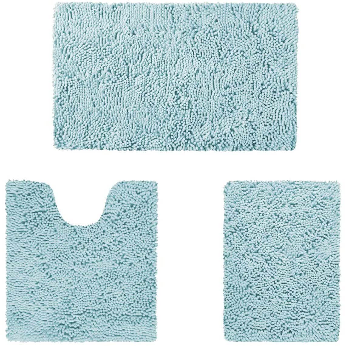 Light blue 3-piece chenille bathroom rug set: rectangular bath mat and U-cut toilet mat