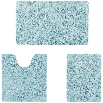 Light blue 3-piece chenille bathroom rug set: rectangular bath mat and U-cut toilet mat