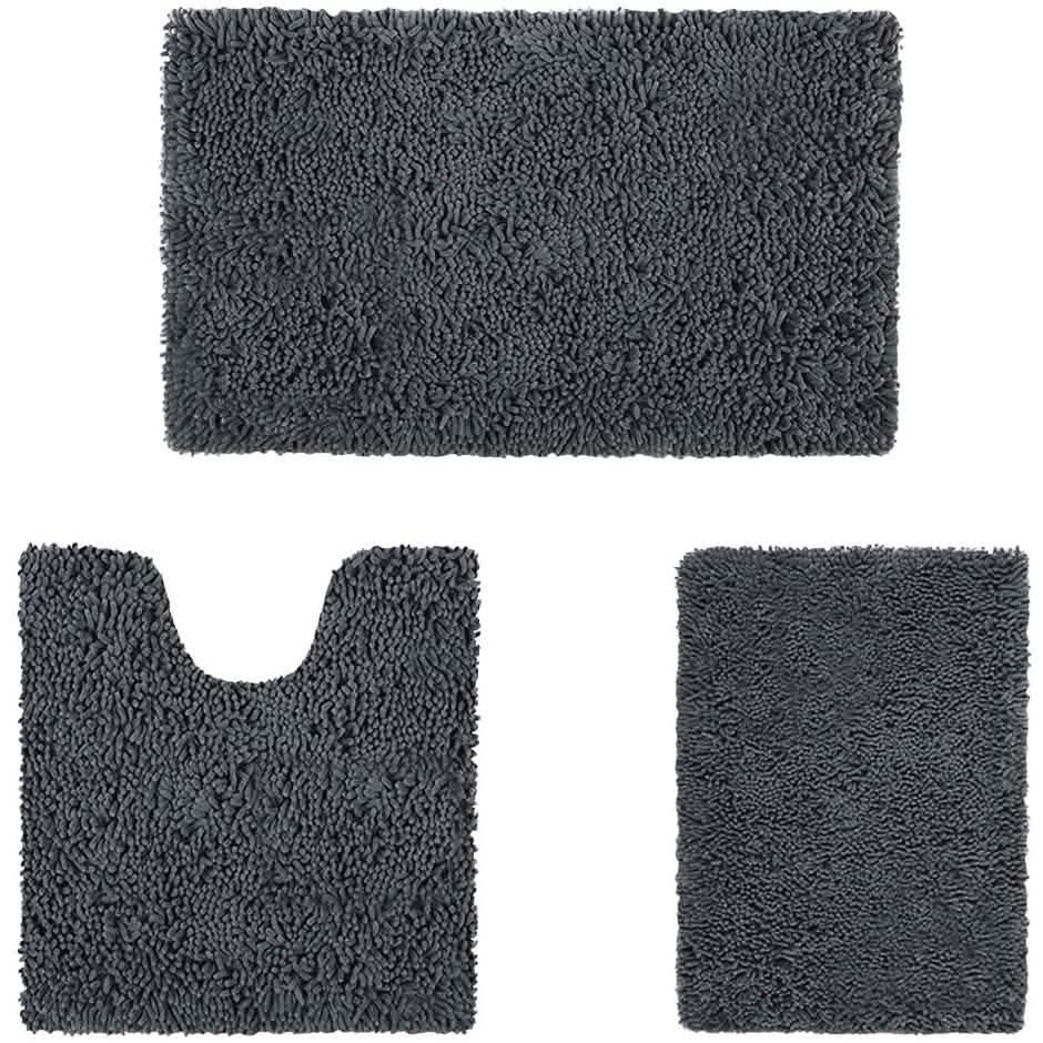 Charcoal 3-piece chenille bathroom rug set: rectangular bath mat and U-cut toilet mat