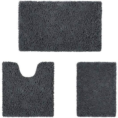 Charcoal 3-piece chenille bathroom rug set: rectangular bath mat and U-cut toilet mat