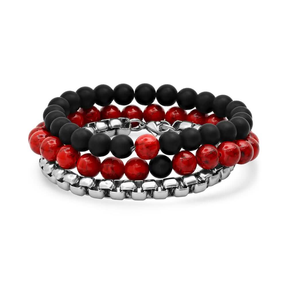 3 - Piece Set: Men's Black Lava, Red Agate And Round Box Link Bracelets - Cartsfy Inc.