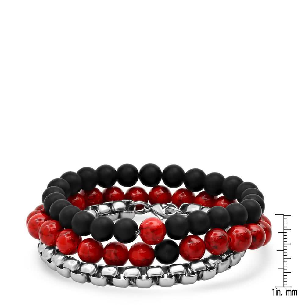 3 - Piece Set: Men's Black Lava, Red Agate And Round Box Link Bracelets - Cartsfy Inc.