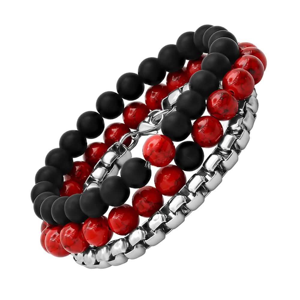 3 - Piece Set: Men's Black Lava, Red Agate And Round Box Link Bracelets - Cartsfy Inc.