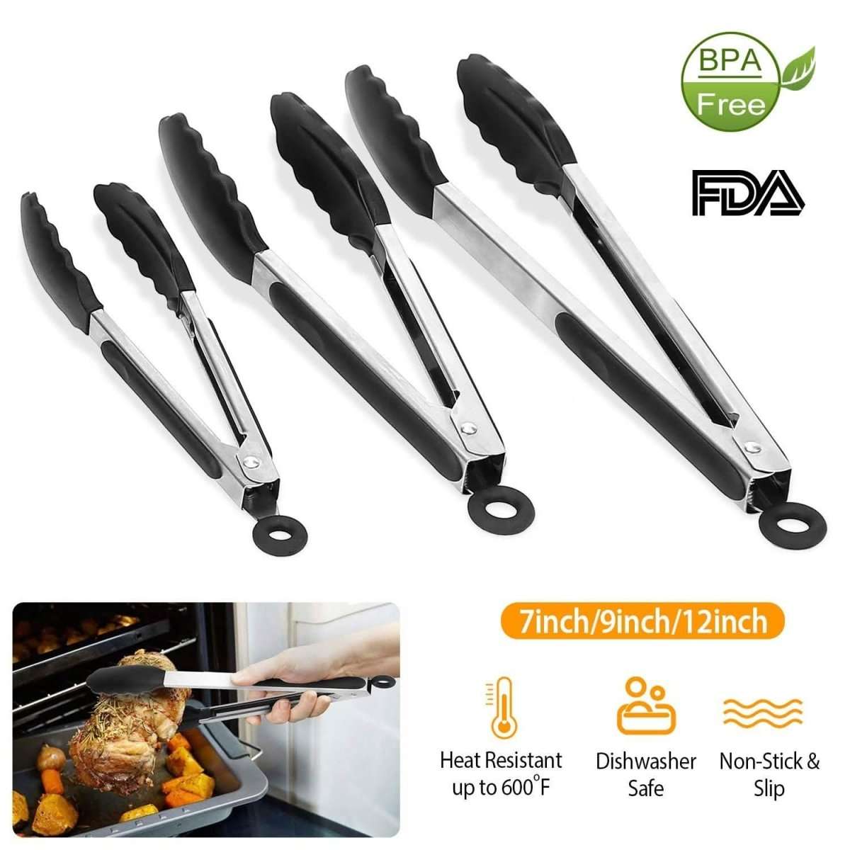 3-Pieces: Kitchen Tongs Stainless Steel with Silicon Cartsfy Inc.