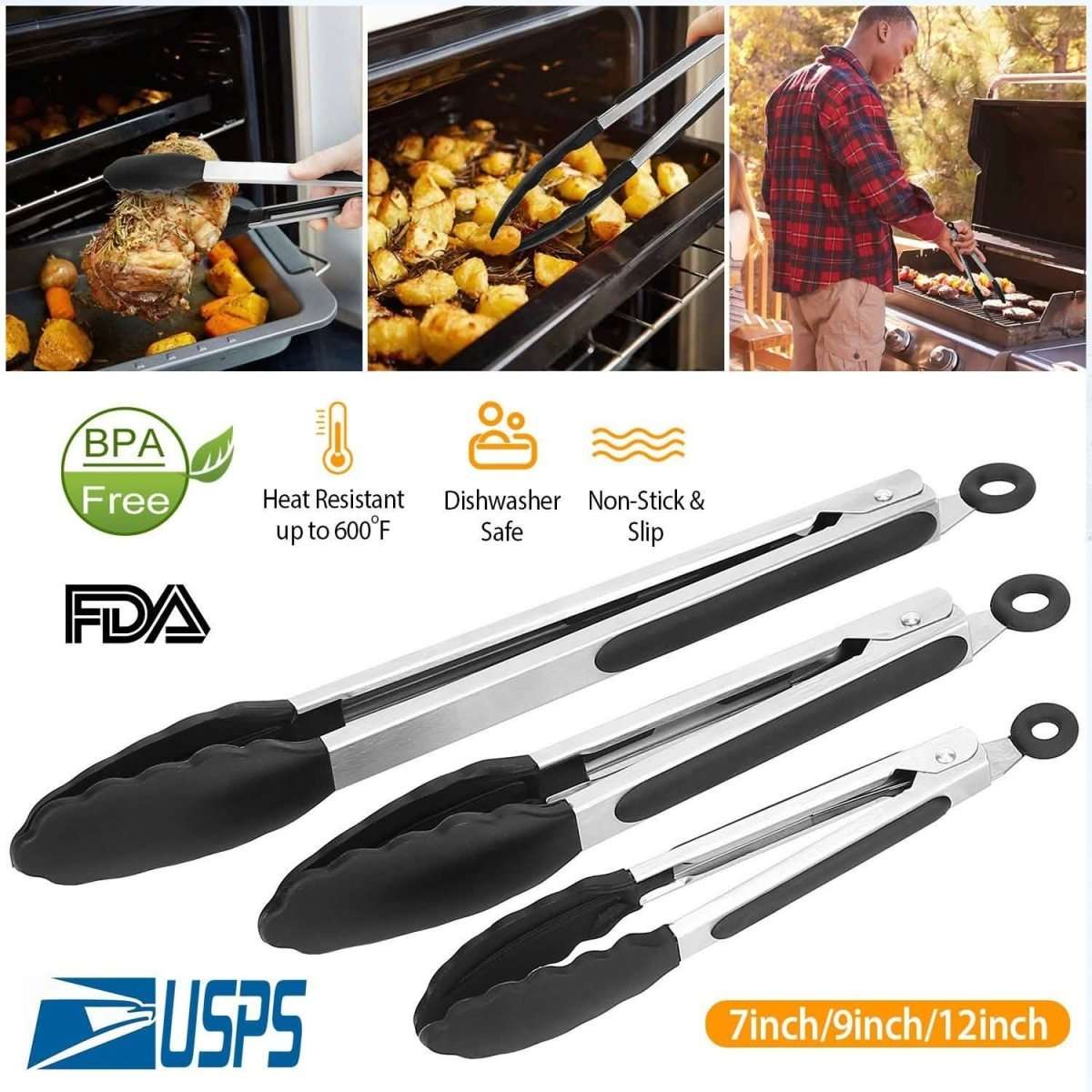 3-Pieces: Kitchen Tongs Stainless Steel with Silicon Cartsfy Inc.