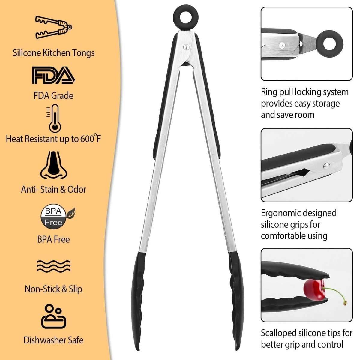 3-Pieces: Kitchen Tongs Stainless Steel with Silicon Cartsfy Inc.