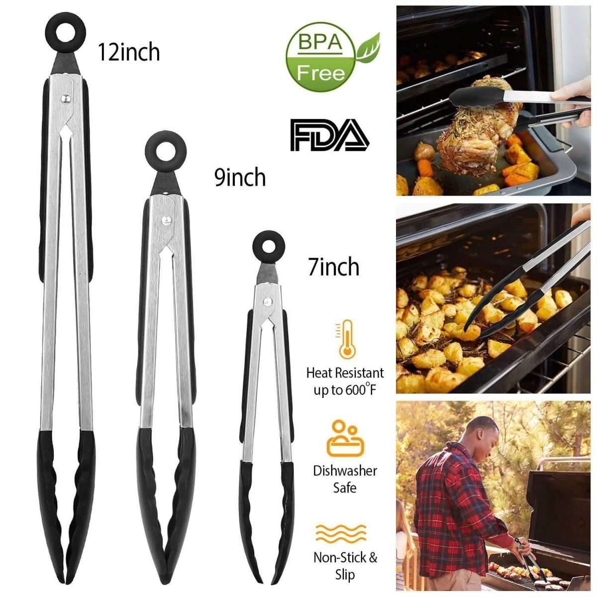 3-Pieces: Kitchen Tongs Stainless Steel with Silicon Cartsfy Inc.