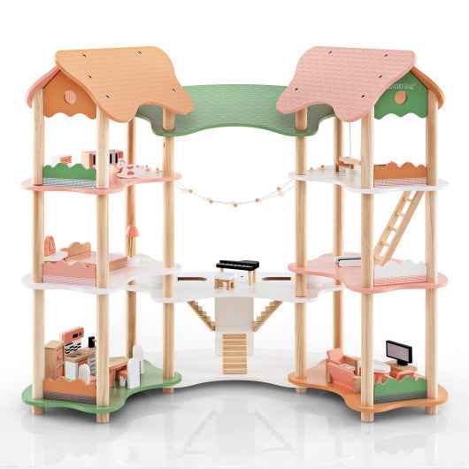 3-Tier Wooden Dollhouse for Kids Aged 3-8 Years Old with 32 Pieces of Accessories-Multicolor Cartsfy Inc.