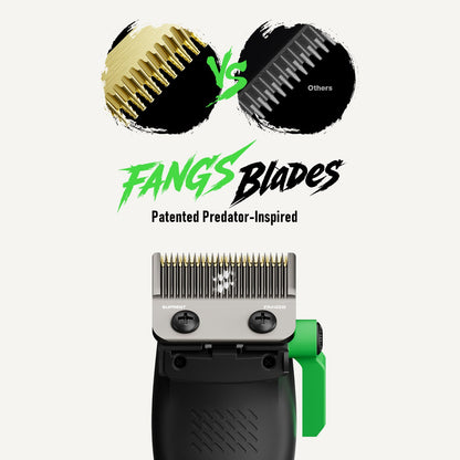 Hair clipper blade set showing gold and black blade guards.