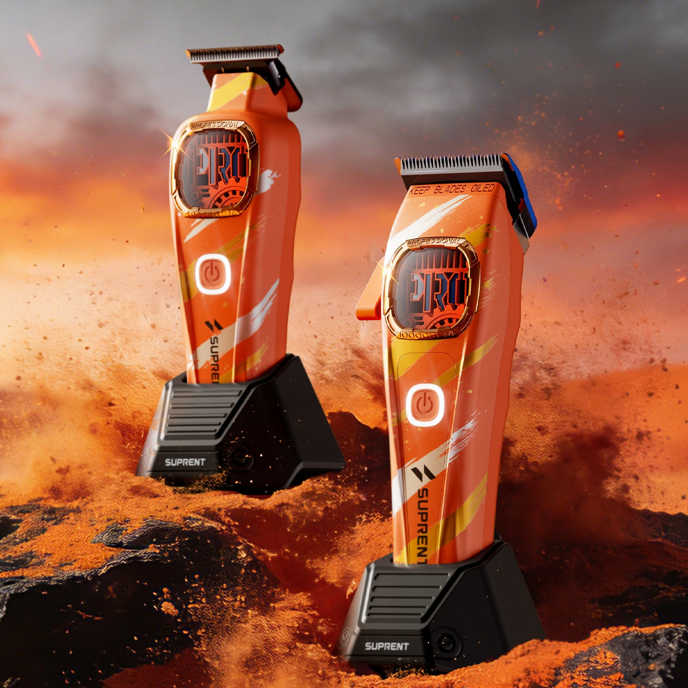 Orange cordless hair clippers on black charging stands, twin set