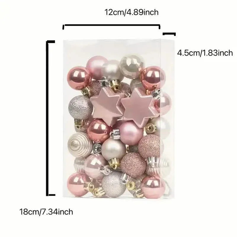 Boxed set of pink and silver glitter star and bauble Christmas ornaments with size