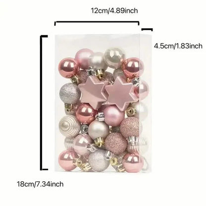 Boxed set of pink and silver glitter star and bauble Christmas ornaments with size