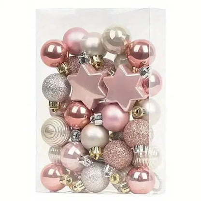 Set of glitter Christmas tree ornaments in pink, rose, silver, and gold tones