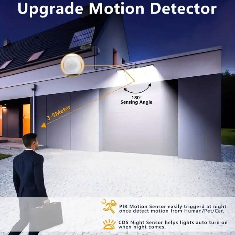 Solar LED motion sensor wall light mounted outdoors with sensor coverage