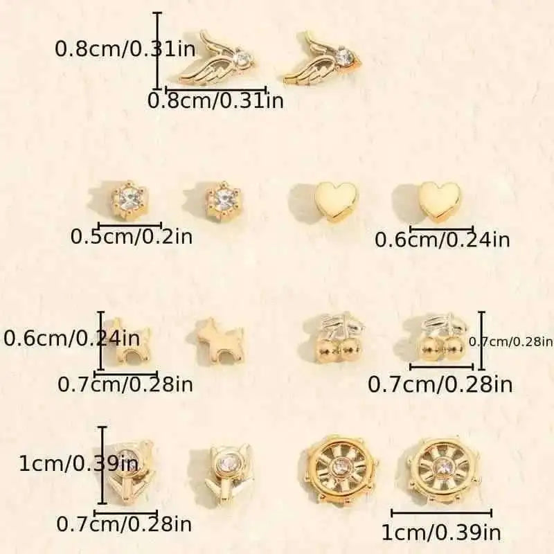 Stud earring size chart showing small gold-tone hearts, stars, squares, and circular designs