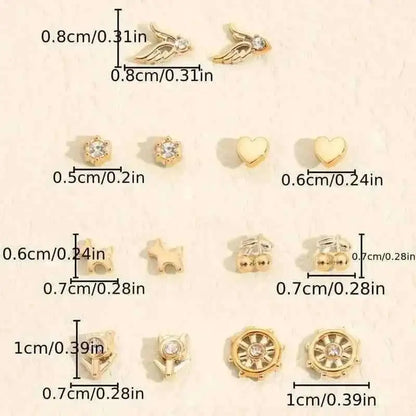 Stud earring size chart showing small gold-tone hearts, stars, squares, and circular designs