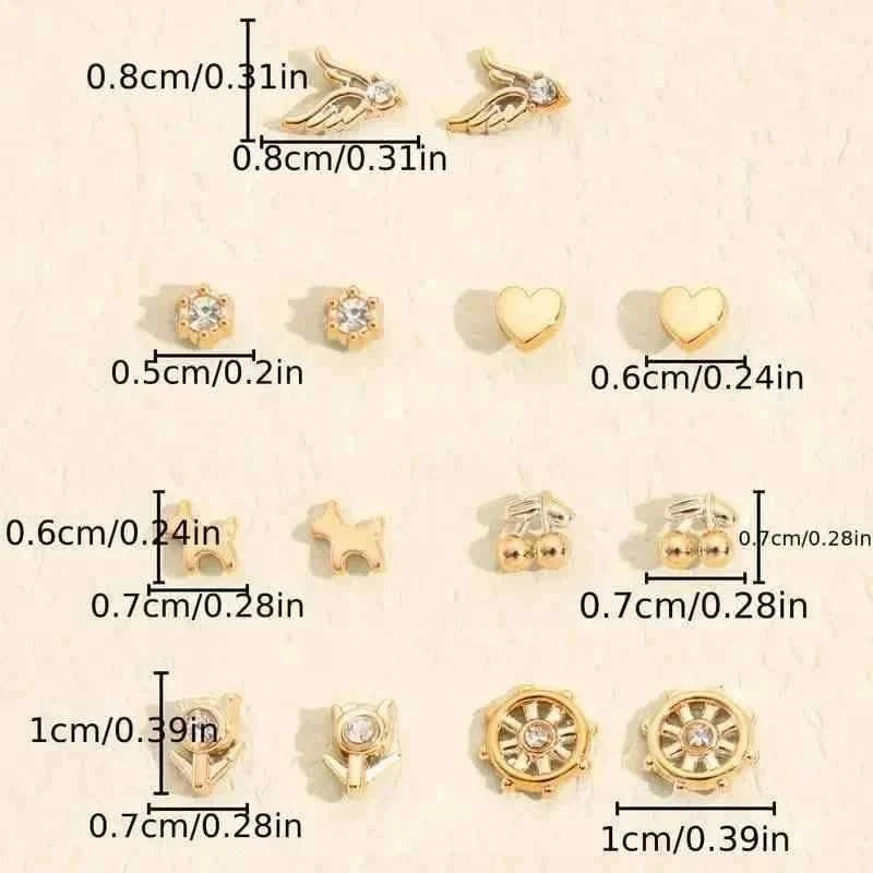 Stud earring size chart showing small gold-tone hearts, stars, squares, and circular designs